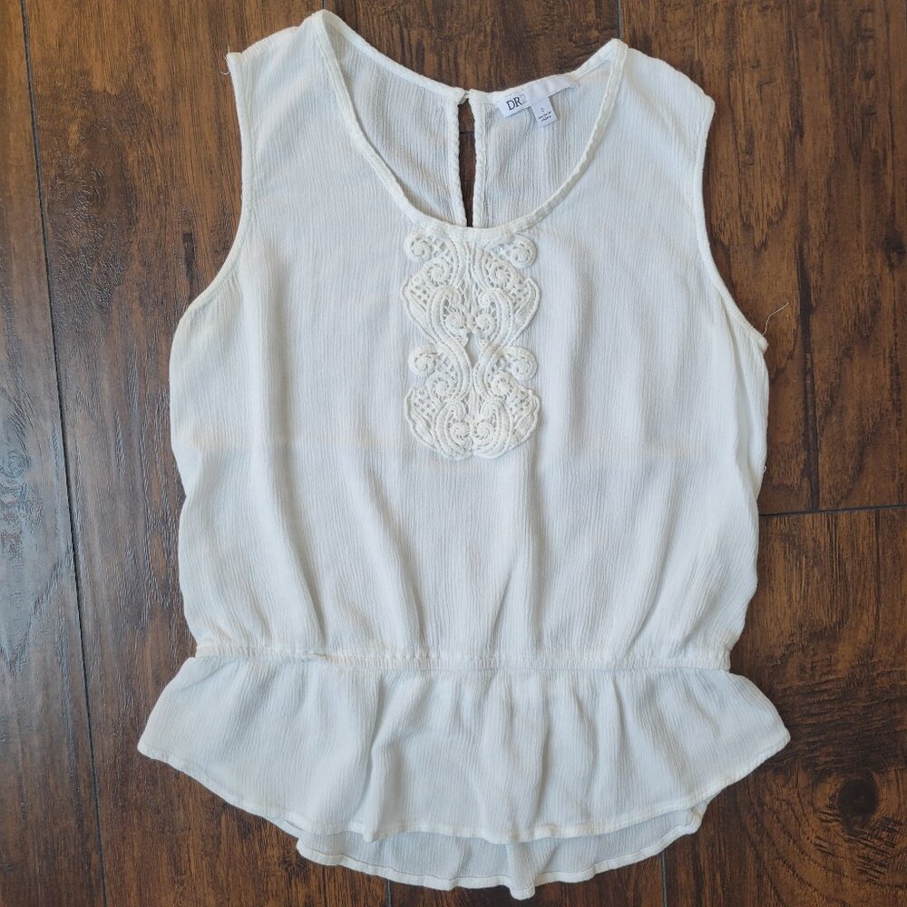 DR 2 Daniel Rainn 2 White Peplum Blouse Tank Crochet Detail size S